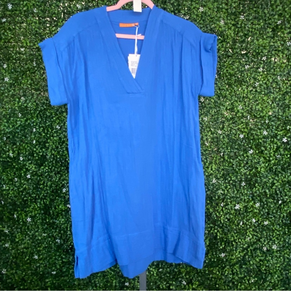 O1 Oliphant Bermuda Blue V-Neck Roll Sleeve Mini Dress